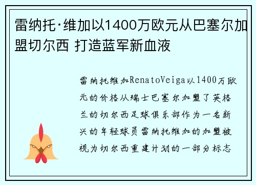 雷纳托·维加以1400万欧元从巴塞尔加盟切尔西 打造蓝军新血液 雷纳托·维加以1400万欧元从巴塞尔加盟切尔西 打造蓝军新血液
